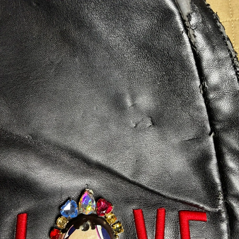 Love‎ Moschino Black Faux Leather Backpack Jeweled Patches Red Logo AS IS Repair
